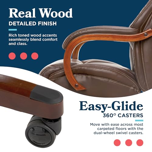 La-Z-Boy Delano Big and Tall Executive Office Chair - Ergonomic Lumbar Support Memory Foam - Bonded Leather Desk Chair for Home Office - Mahogany Wood Arms - Chestnut Brown