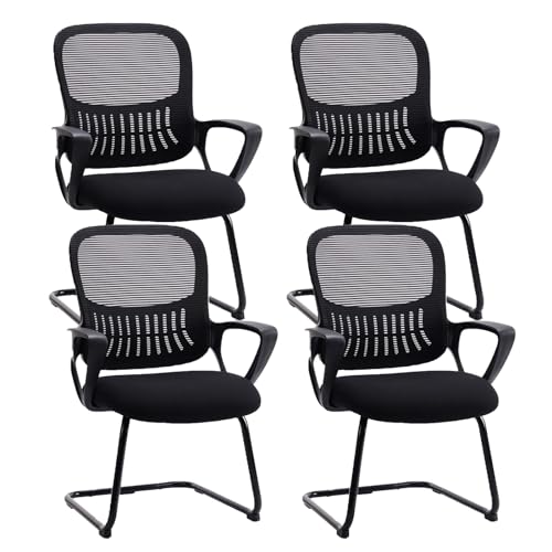 Sweetcrispy Reception Chair No Wheels, Stationary Non Rolling Mesh Mid Back Computer Guest Side with Lumbar Support for Waiting Area Reception Conference Room, Set of 4, Modern Black
