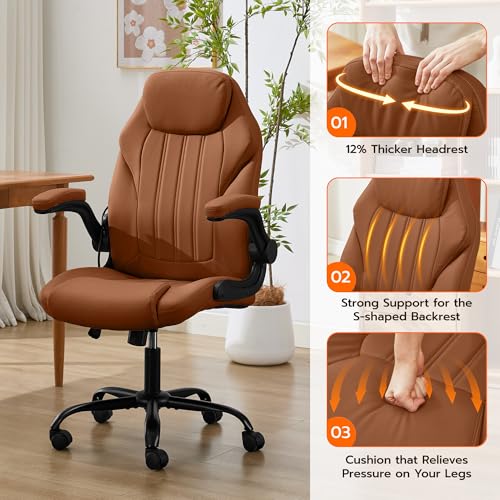 Ylzyxal Office Desk Chair, Ergonomic Computer Chair with Padded Flip-Up Arms and Adjustable Lumbar Support, PU Leather Executive Chair with Tilt Lock and 360° Swivel Rolling Wheels for Work, Study