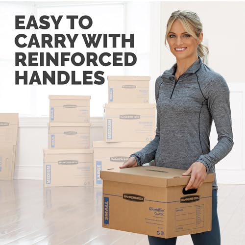 Bankers Box Small Classic Moving Box 10 Pack, Reinforced Handles, Tape-Free Assembly, Box with Lid, 15" x 12" x 10", Cardboard
