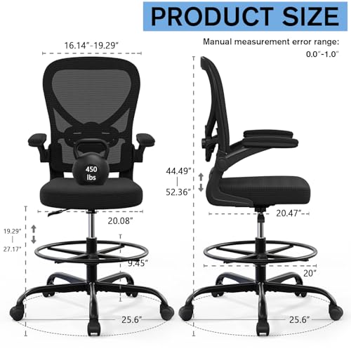 Alolo Drafting Chair,Big and Tall Office Chair with Footrest Ring,Ergonomic Chair for Counter Height and Standing Desk Comfy with Lumbar Support and Flip-up Armrests in Heavy Rolling Base,Black