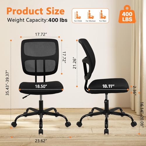 CLATINA Armless Home Office Chair, Small Ergonomic Mesh Back Desk Chair with Lumbar Support and Wheels, Adjustable Height 360° Swivel Rolling Computer Task Chair for Conference Waiting, Black