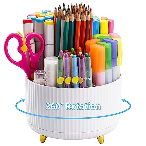Marbrasse Desk Organizer, 360-Degree Rotating Pen Holder, Desk Organizers and Accessories with 5 Compartments Pencil Holder, Art Supply Storage Box Caddy for Office, Home（White）