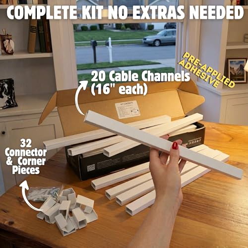 A+ ELECTRIC Cord Cover Full Kit, 26ft/315in Self-Adhesive Cable Raceway, 20 Snap-On Channels, Wire Hider for TV, HDMI & Speaker Cables, Includes Connectors & Corners, Paintable Cable Management, White