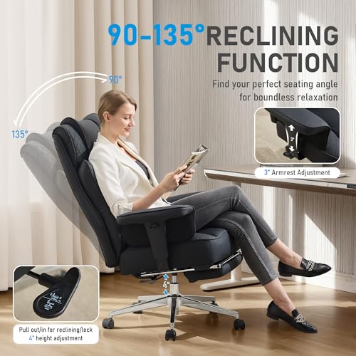 OwgeinSet Big and Tall Office Chair, Ergonomic Leather Reclining Chair with Footrest, High-Back Comfy Executive Computer Desk Chairs with Lumbar Support, Wide Seat, 400LBS (Black)