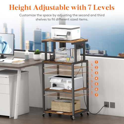 Lifewit 4 Tier Printer Stand with 3 Power Outlets, Wheels and Adjustable Storage Shelf for Home Office, Rolling Printer Cart for Shredder, Scanner, Fax, Hold 340lbs, Rustic Brown