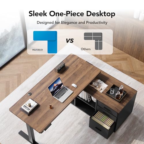 HUANUO 55 Inch L Shaped Standing Desk with Drawers, Electric Executive Desk with File Cabinet Sets, Adjustable Height Stand Up Desk, Home Office Computer Desk with 4 Memory Presets, Walnut