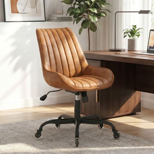 Armless Office Chair, Mid Back Modern Desk Chair with Rubber Wheels, 360 Swivel PU Leather Office Chair No Arms, Adjustable Height Small Computer Chair, Armless Desk Chair for Office, Brown