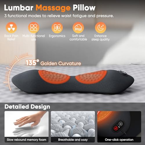 Hzwioe 3 in 1 Upadate Rechargeable Electric Lumbar Support Pillow with Adjustable Height for Bed and Chair,Cordless Back Massager for Pain Relief Deep Tissue,Back Massager with Heat for Home & Office