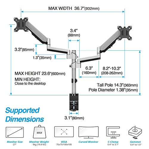 AVLT Dual 13 to 27 in Stacked Monitor Arm Desk Mount, Fits Two Flat or Curved Screens, Full Motion Height Adjustable Swivel Tilt Rotation, VESA C-Clamp Grommet Cable Management