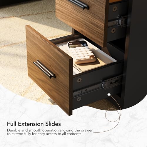 HUANUO 63 Inch L Shaped Standing Desk, Electric Executive Height Adjustable Desk with Storage Drawers, Reversible Design Computer Workstation for Home Office, Black Walnut