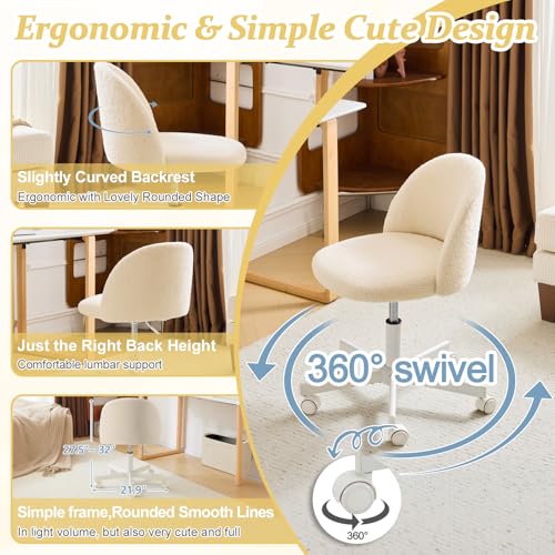 VINGLI Candy Chair Armless Cute Desk Chair,Comfy Small Office Chair with Wheels,Vanity Chair Lumbar Support,Teddy Adjustable Rolling Swivel Computer Task Chair for Home Office,Bedroom,Creamy Beige