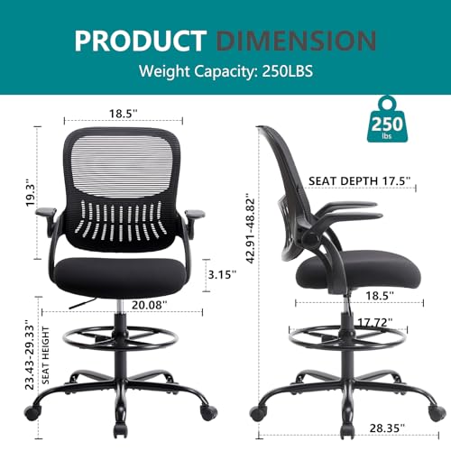 DUMOS Drafting Chair for Standing Desk, Counter Height Adjustable, Flip-up Arms, Ergonomic Mid Back Mesh Rolling Work 360° Swivel Office Computer Chairs with Wheels, for Bedroom Livingroom, Ink