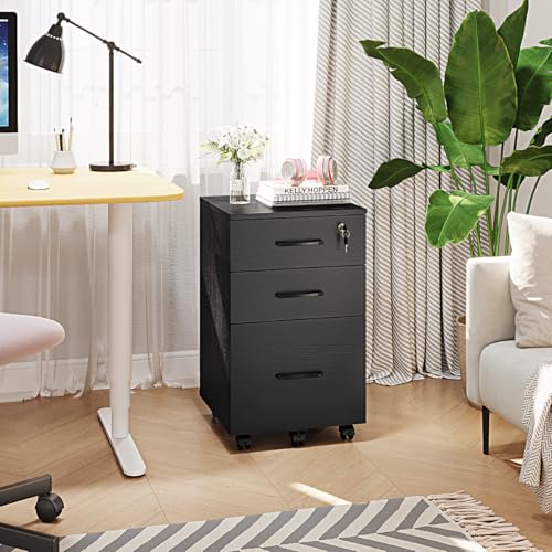 Panana 3 Drawer Wood Mobile File Cabinet, Under Desk Storage Drawers Small File Cabinet for Home Office (Black)