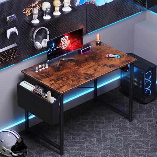 OLIXIS Computer Desk 40 Inch Home Office Desks for Small Spaces, Gaming Writing Study Work Table with Storage Bag and Headphone Hook for Bedroom, Rustic Brown
