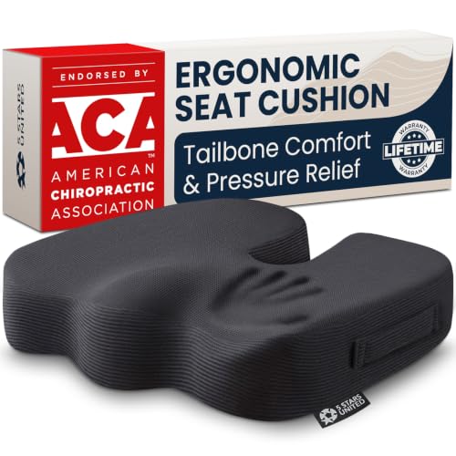 5 STARS UNITED Seat Cushion - Memory Foam Chair Cushion for Tailbone Pain Relief - Ergonomic Support for Coccyx, Sciatica & Butt - Office, Desk & Gaming Chair, Car Seat, Wheelchair, Airplane, Black