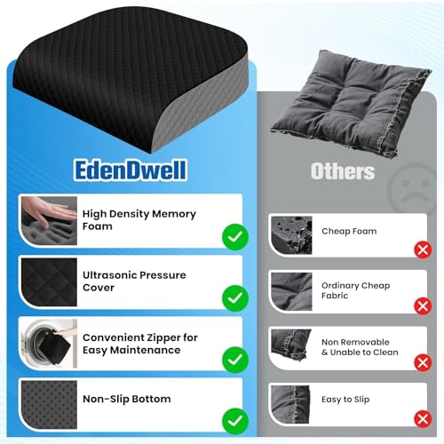 EdenDwell Seat Cushion, Memory Foam Chair Pad for Sciatica & Hip Pain Relief, Non-Slip Cushion for Office, Home, Car, Large Desk Chair Cushion, Washable Cover & Handle, Large, Black