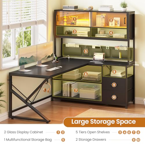 SEDETA L Shaped Gaming Desk, Home Office Computer Desk with 2 Drawer and Bookshelf, L Shaped Gaming Desk with LED Light, Glass Cabinet and Storage Bag, Corner Desk with Storage Shelves, Black