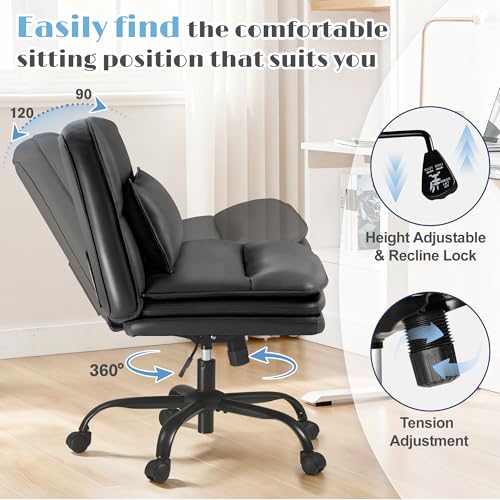 Furmax Criss Cross Legged Office Chair with Wheels, Armless Extra Wide Seat Swivel Desk Chair, Adjustable Height Comfy Task Chair with Thick Cushion for Home Office Bedroom Vanity (PU Leather, Black)