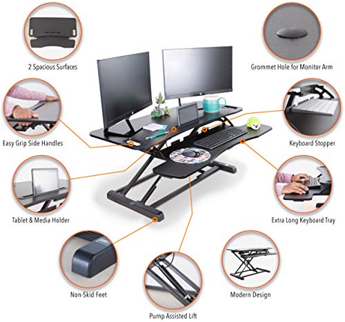 Flexpro Hero 37 Inch Standing Desk Converter, for Office and Home, Height Adjustable, 2 Level Sit to Stand Workspace with Keyboard Shelf & Monitor Riser, Sit or Stand (Black, 37 x 18 x 4.5 to 20)