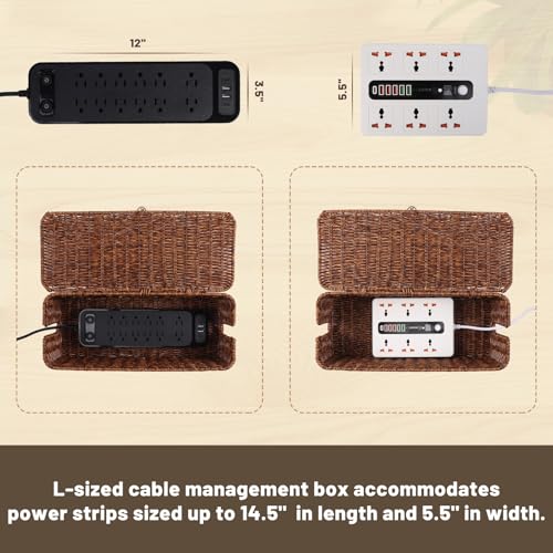 BROWNLILY Cable Management Box, Rattan Style Cord Organizer for Desk Cord Hider Outlet Covers Baby Proofing for Power Strip TV PC Router Charger Under Desk Storage with Lockable Lid and Cable Ties