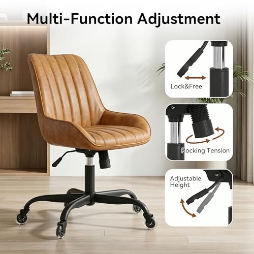 Armless Office Chair, Mid Back Modern Desk Chair with Rubber Wheels, 360 Swivel PU Leather Office Chair No Arms, Adjustable Height Small Computer Chair, Armless Desk Chair for Office, Brown