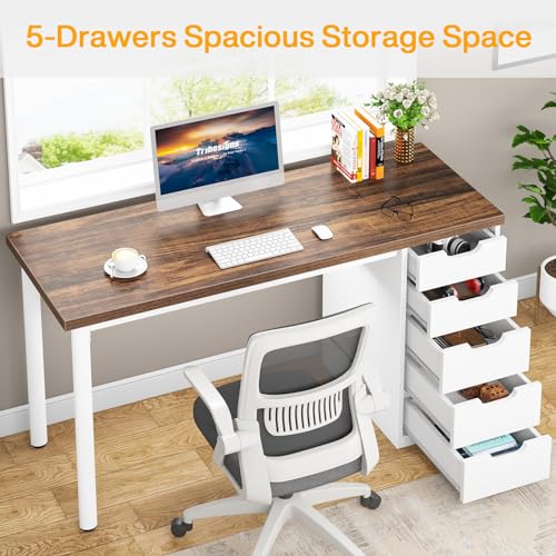 Tribesigns Computer Desk with 5 Drawers, 47 inches Rustic Brown Home Office Desk with Storage, Modern Simple Laptop Desk Study Writing Table for Small Spaces (1, Brown+White)