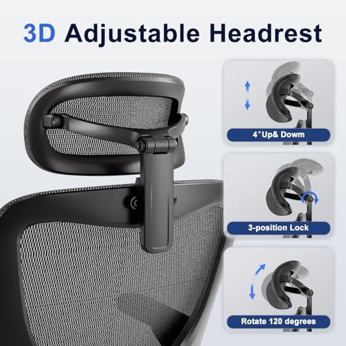 marrap Ergonomic Office Chair, Mesh Seat Cushion with 3D Armrests and 3D Headrest, Adjustable Lumbar Support with 90-120° Rocking Function for Home Office, Black