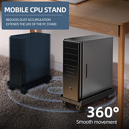 Hovadova Adjustable Mobile CPU Stand, Ventilated Computer Tower Stand with 4 Caster Wheels Fits Most PC Tower, Under Desk CPU Holder PC Floor Cart Computer Riser for Students and Gamers (Black)