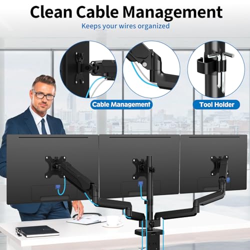 ErgoFocus Triple Monitor Desk Mount for Computer Screens up to 32", Holds up to 19.8 lbs Each, 3 Monitor Arm, Heavy Duty Stand Vesa Mount 75x75, 100x100
