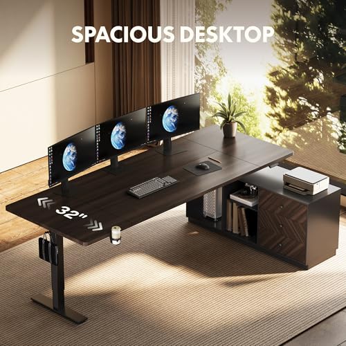 FLEXISPOT L Shaped Executive Standing Desk with Drawers, Large Electric Height Adjustable Desk, Sit Stand Desk for Home Office and Workstation, PC Cabinet (71"x32" Black Walnut)