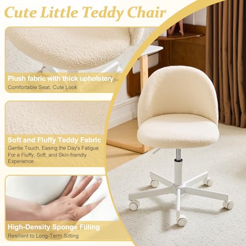 VINGLI Candy Chair Armless Cute Desk Chair,Comfy Small Office Chair with Wheels,Vanity Chair Lumbar Support,Teddy Adjustable Rolling Swivel Computer Task Chair for Home Office,Bedroom,Creamy Beige