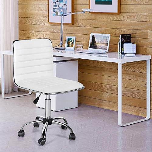 Yaheetech Adjustable Task Chair PU Leather Low Back Ribbed Armless Swivel White Desk Chair Office Chair Wheels