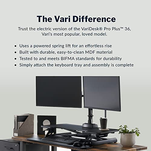 Vari Varidesk Pro Plus 36 Electric Standing Desk Converter – 11 Height Settings + Spring-Loader Lift, 2 Tier Design, Keyboard Tray – Fits Desktops 36” Wide x 26.5" Deep – Fully Assembled (Black)