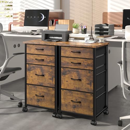 DurayLoly File Cabinet with 4 Fabric Drawers Rolling Printer Stand with Lockable Caster Fits A4/Letter/Legal Size, Home Office Storage, Rustic Brown
