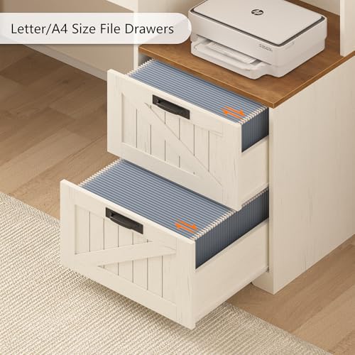 TVU Farmhouse L Shaped Desk with Drawers, 62.2" Home Office Desk with Storage Shelves and Power Outlet, L Shaped Computer Desk with Monitor Stand and Printer Shelf, Brown and White