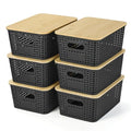 Ohmlove Plastic Storage Baskets With Bamboo Lid - Plastic Storage Containers Stackable Storage bins: Storage Baskets for Organizing Shelves Drawers Desktop Closet Playroom Classroom Office, 6 Pack