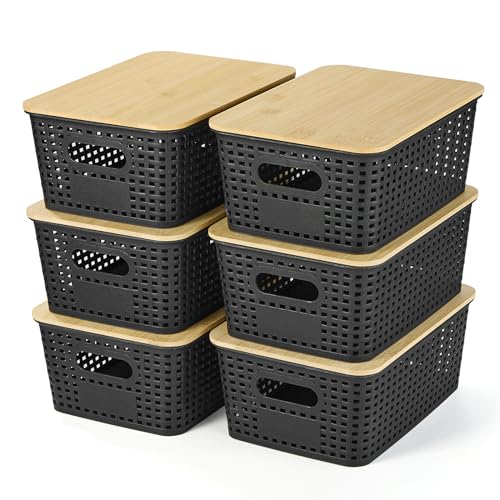 Ohmlove Plastic Storage Baskets With Bamboo Lid - Plastic Storage Containers Stackable Storage bins: Storage Baskets for Organizing Shelves Drawers Desktop Closet Playroom Classroom Office, 6 Pack