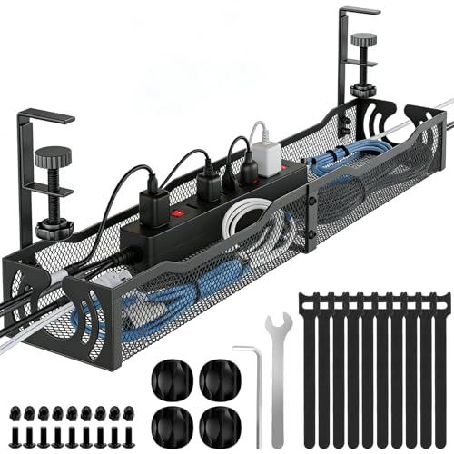 Cable Management, 25.3'' Under Desk Cable Management Tray No Drill, Metal Cable Organizer with Clamp for Wire Management, Cord Organizer for Home Office, Desk Accessories Organizer, Black