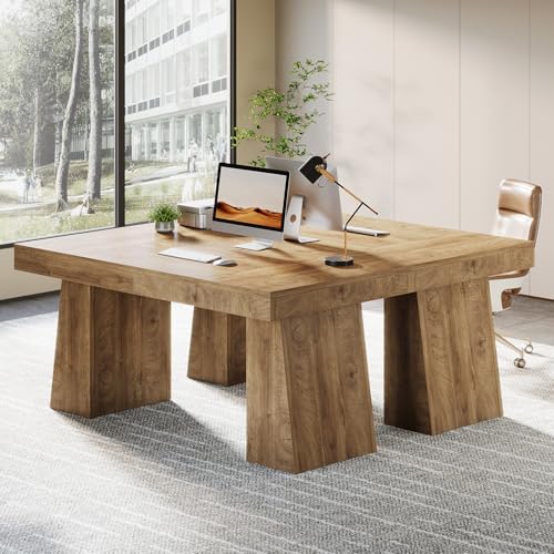 Tribesigns 55-Inch Executive Desk, Thick Wood Office Computer Desk with Double Pedestal, Modern Minimalist Workstations Writing Table Conference Table Furniture for Home Office, Brown