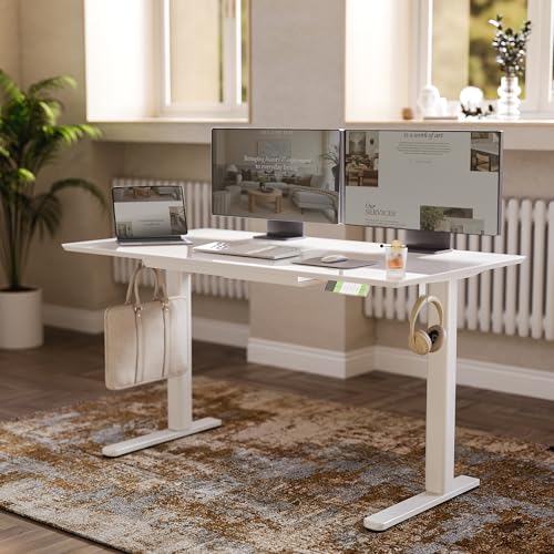 Claiks Glass Standing Desk with Drawers, 48×24 Inch Electric Adjustable Height Stand Up Desk Quick Install Computer Desk, White