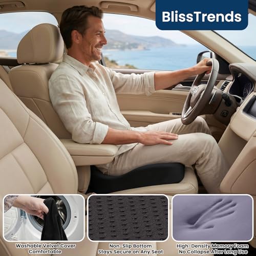 BlissTrends Seat Cushion with Velvet Cover, Thick Memory Foam Cushions for Office Chair, Car Seat, Airplane, Relieving Pressure Tailbone Sciatica Back Pain for Long Sitting, Car Drivers 4.7in Black