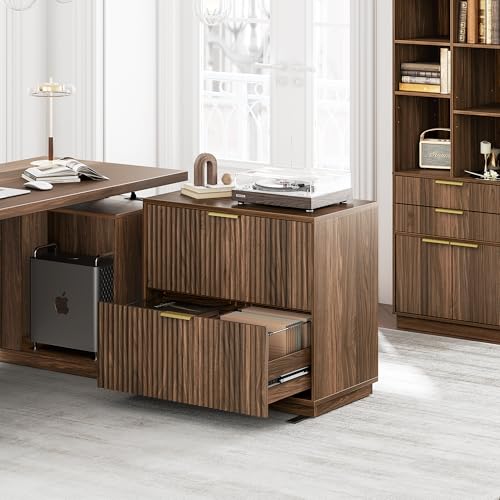 Perledesign 2 Drawer Fluted File Cabinet, 32'' Lateral File Cabinet for Legal/Letter/A4/F4 Size Hanging Files, Wood File Storage for Home Office, Black Walnut