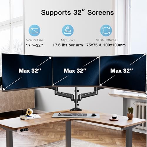 HUANUO Triple Monitor Mount for 17 to 32 inch Screens, Steel Monitor Mount Reinforcement Plate for Thin, Glass and Other Fragile Tabletop