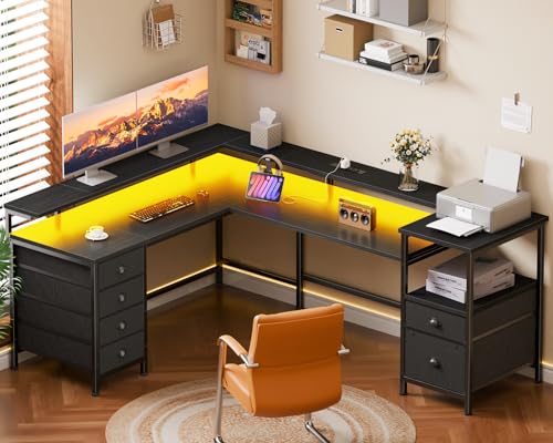 Furologee 66" Reversible L Shaped Gaming Desk with 6 Drawers & Printer Storage Shelves, Corner Computer Desk with Power Outlets & LED Lights, Home Office Table with Monitor Stand, Black