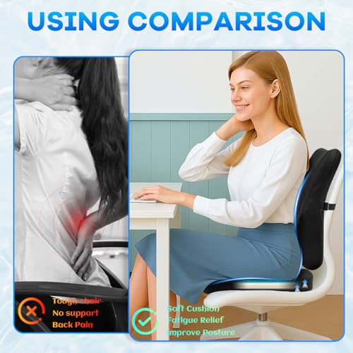 Gel Seat Cushion & Lumbar Support Pillow Set, Cooling Memory Foam for Tailbone & Sciatica Pain Relief, Ergonomic Office Chair Cushion with Breathable Mesh Cover for Car, Home, Wheelchair (Black)
