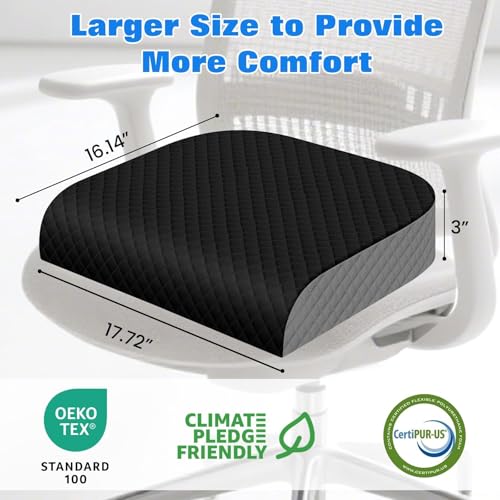 EdenDwell Seat Cushion, Memory Foam Chair Pad for Sciatica & Hip Pain Relief, Non-Slip Cushion for Office, Home, Car, Large Desk Chair Cushion, Washable Cover & Handle, Large, Black