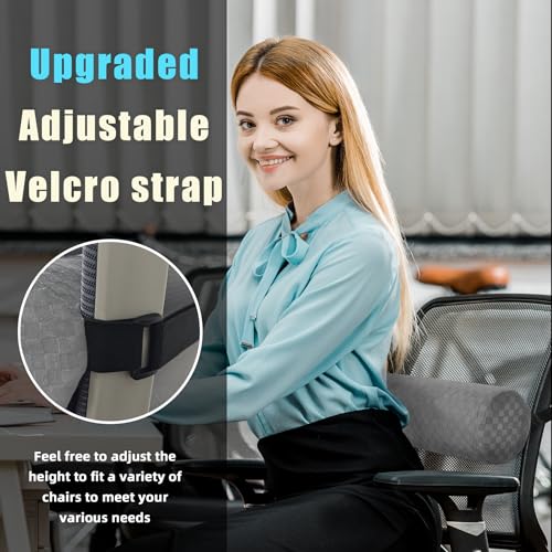 Lumbar Roll Pillow for Lower Back, Lumbar Support Foam Roll Cushion with Pillowcase and Upgraded Strap for Office, Chair, Car, Seat Pain Relief & Improving Posture (Light Grey, Short-11*4.3'')