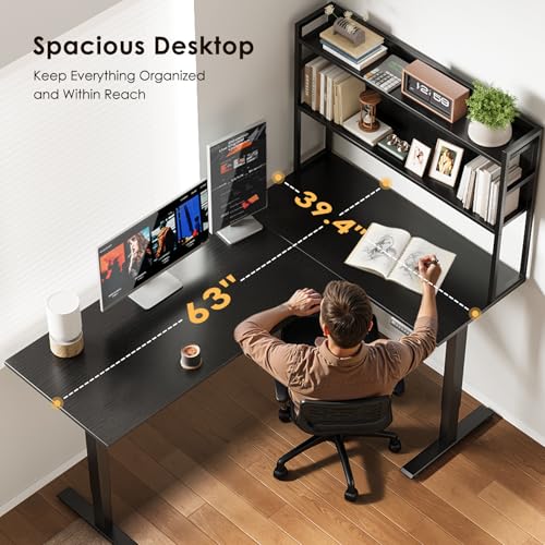 OffiGo L Shaped Electric Standing Desk, 63 Inch Reversible Corner Stand up Table with Hutch, Height Adjustable Ergonomic Large Lift Table for Home Office, Workstation, Black