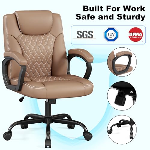 Misolant Office Chair, Executive Desk Chair, PU Leather Comfortable Ergonomic Chairs with Fixed Armrest, Adjustable Height, Rocking Function, 360° Swivel Wheels, Brown
